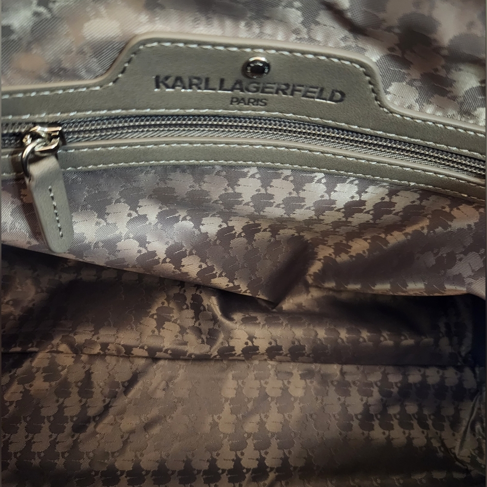 Karl Lagerfeld Leather Beige Monogrammed with White Trim Hand bag Crossbody NWT - Picture 3 of 11
